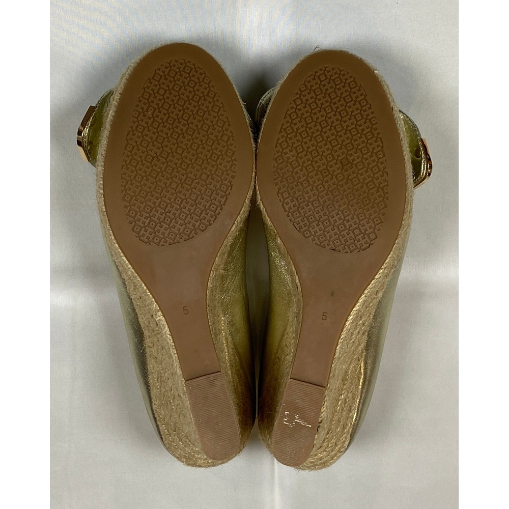 Tory Burch Gold Metallic Bow Peep Toe Wedge Espadrille Heels Women's 5 - Picture 10 of 11